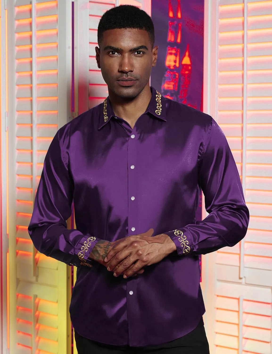 Men's Luxury Satin Dress Shirt Shiny Embroidery Silk Long Sleeve Button Up Shirts Prom Wedding Party Shirt