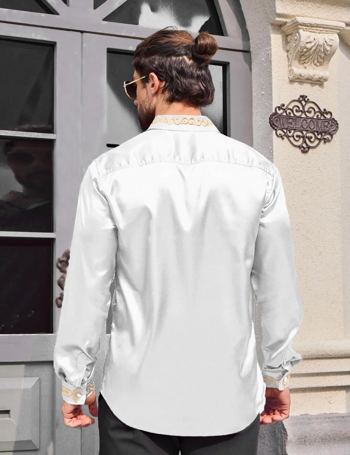 Men's Luxury Satin Dress Shirt Shiny Embroidery Silk Long Sleeve Button Up Shirts Prom Wedding Party Shirt