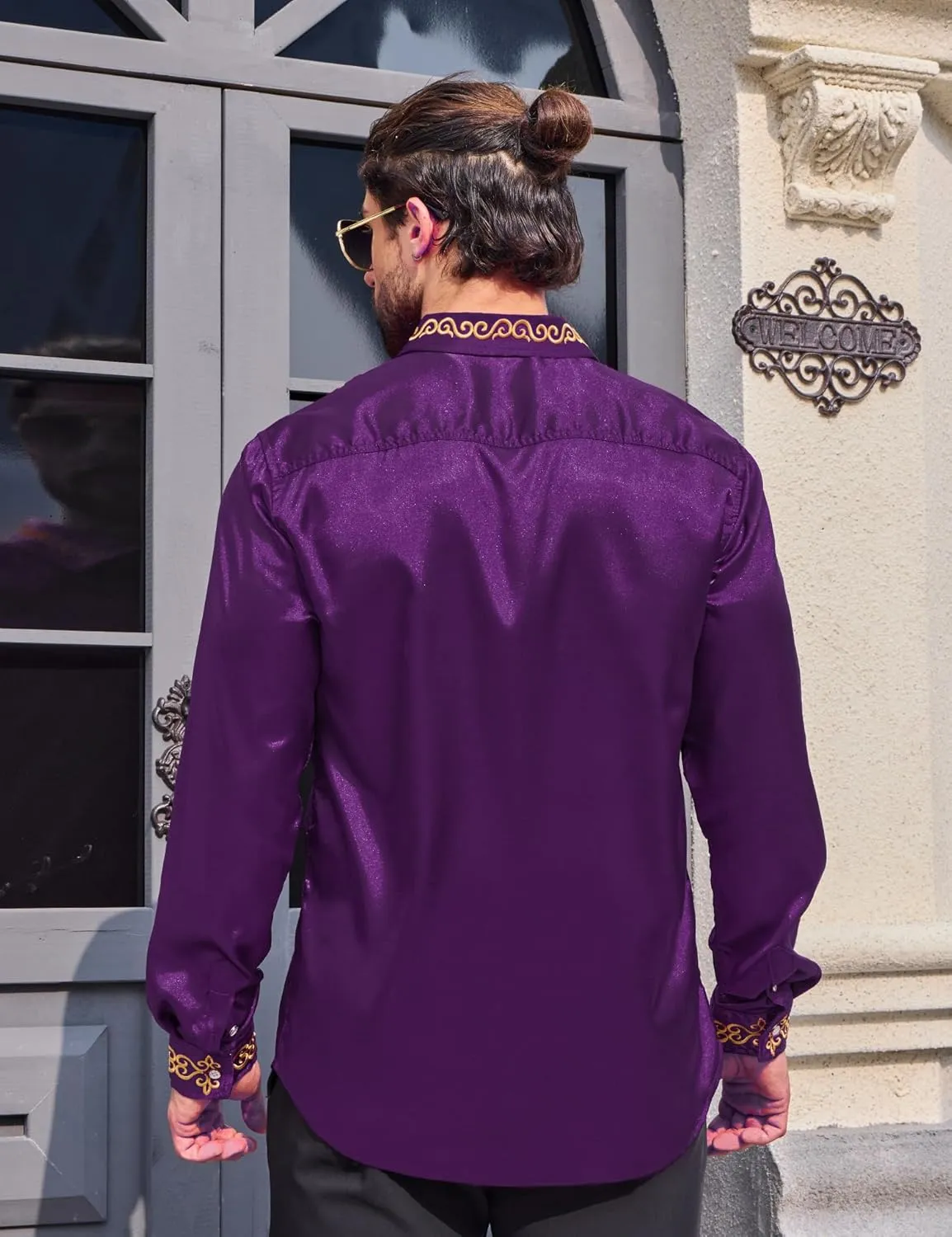 Men's Luxury Satin Dress Shirt Shiny Embroidery Silk Long Sleeve Button Up Shirts Prom Wedding Party Shirt