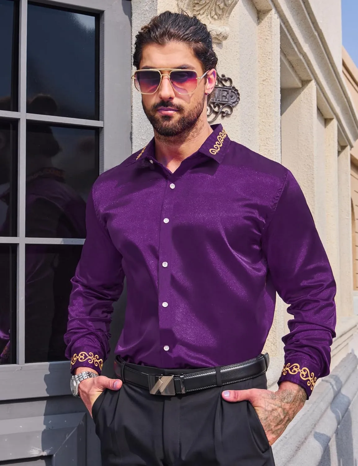 Men's Luxury Satin Dress Shirt Shiny Embroidery Silk Long Sleeve Button Up Shirts Prom Wedding Party Shirt