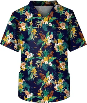 Men's Medical Scrub Top Plus Size Short Sleeve V-Ncek Hawaii Printed Working Nurse Doctor Unifroms with Pocket
