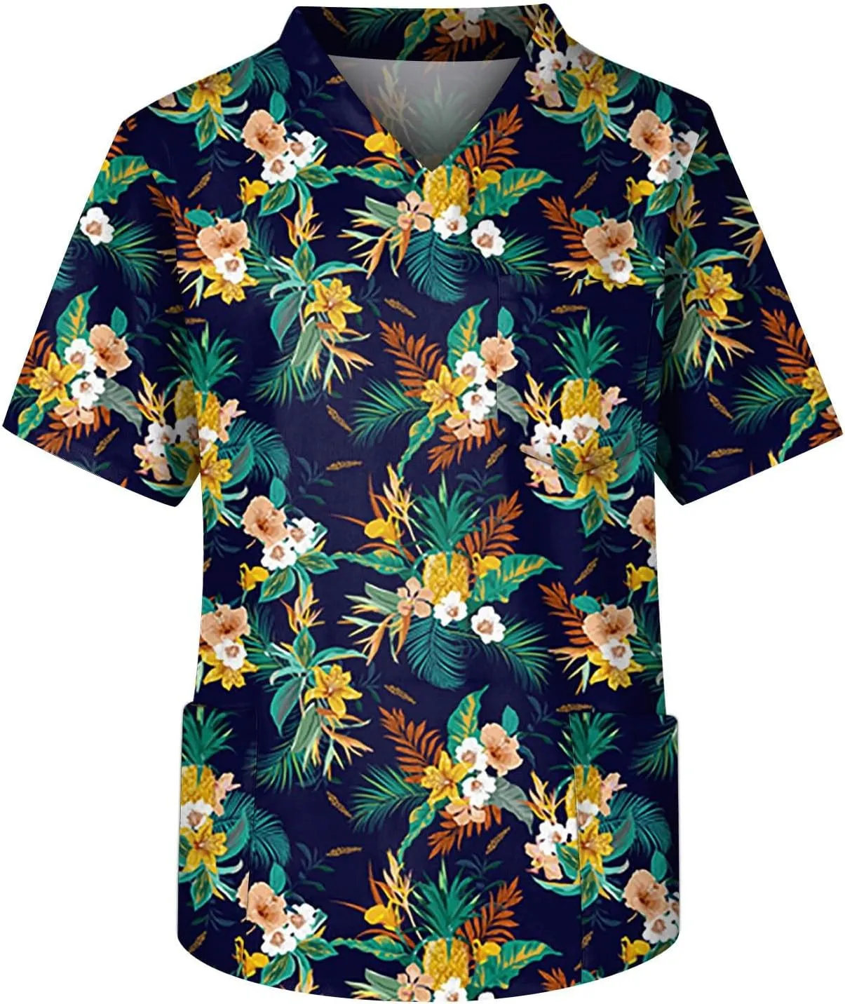 Men's Medical Scrub Top Plus Size Short Sleeve V-Ncek Hawaii Printed Working Nurse Doctor Unifroms with Pocket