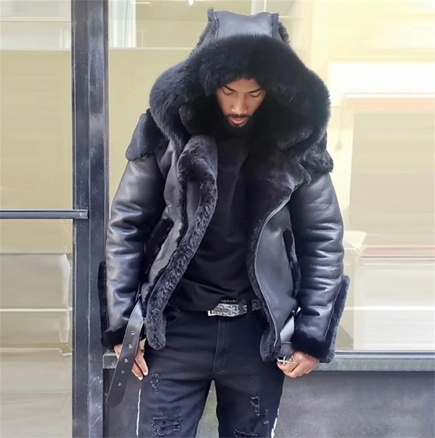 Men's Motorcycle Leather Jacket Sherpa Fleece Lined Bomber Jackets Zipper Padded Warm Fall Winter Coat