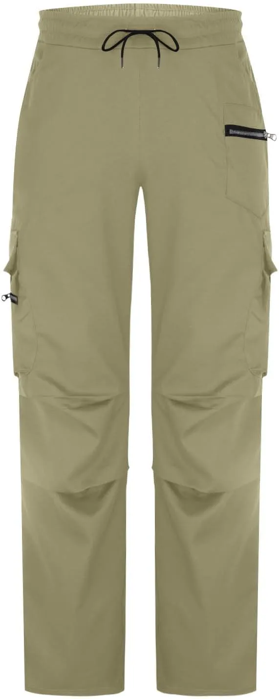 Mens Outdoor Cargo Pants Elastic High Waist Drawstring Summer Chinos Pants Straight Leg Tactical Trousers with Pocket