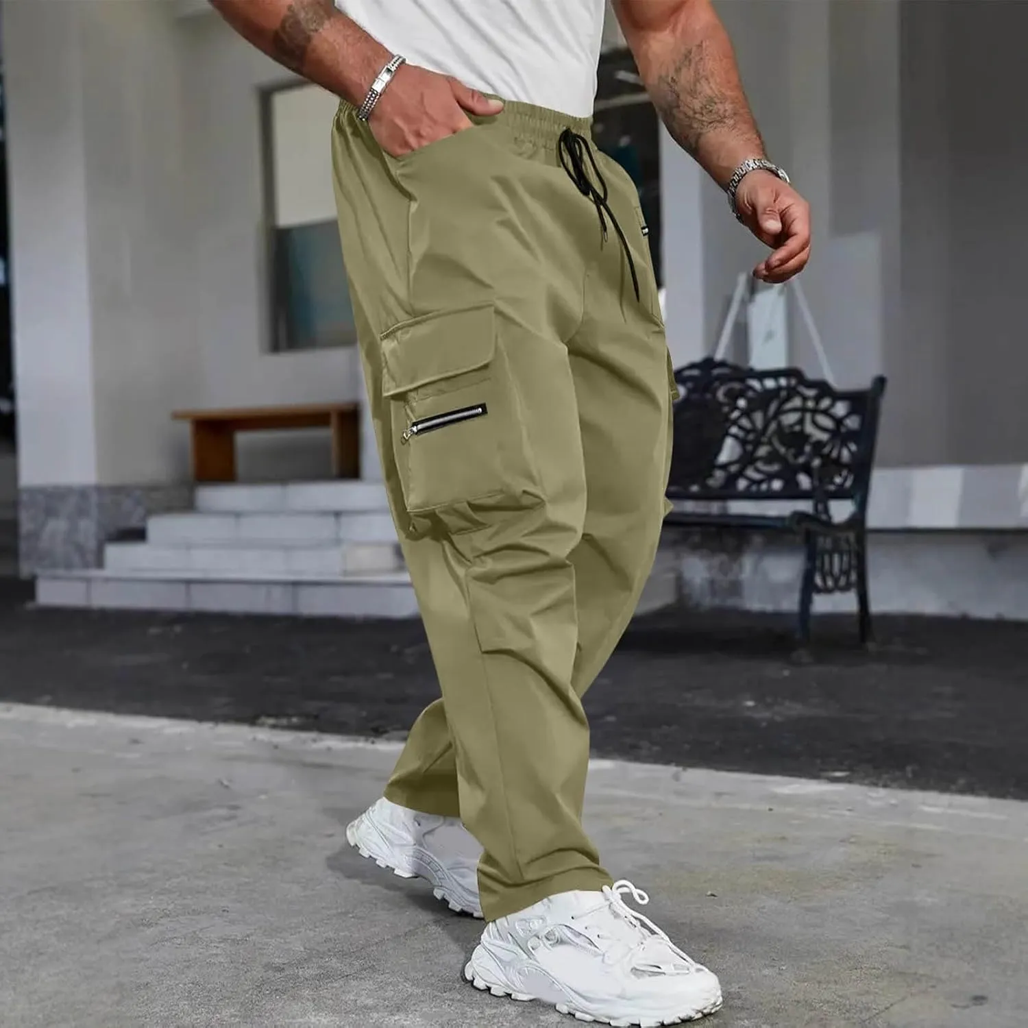 Mens Outdoor Cargo Pants Elastic High Waist Drawstring Summer Chinos Pants Straight Leg Tactical Trousers with Pocket