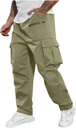Mens Outdoor Cargo Pants Elastic High Waist Drawstring Summer Chinos Pants Straight Leg Tactical Trousers with Pocket