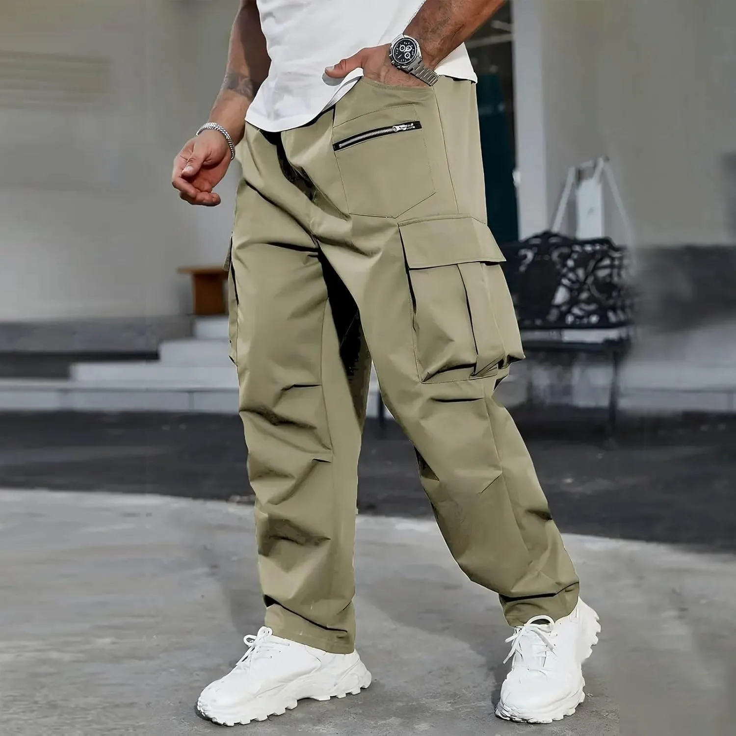 Mens Outdoor Cargo Pants Elastic High Waist Drawstring Summer Chinos Pants Straight Leg Tactical Trousers with Pocket