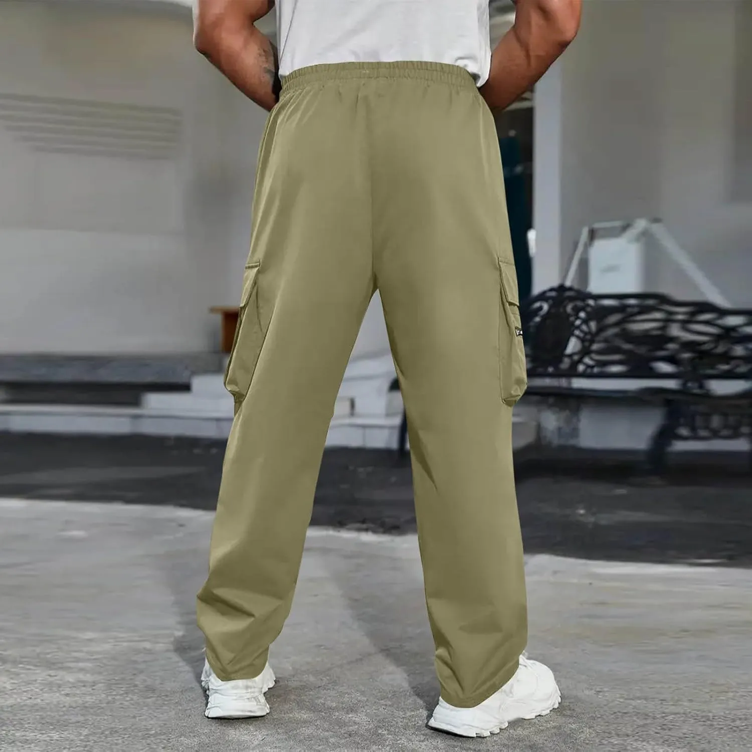 Mens Outdoor Cargo Pants Elastic High Waist Drawstring Summer Chinos Pants Straight Leg Tactical Trousers with Pocket
