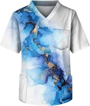 Mens Scrub Tops Short Sleeve V Neck Working Doctor Unifroms Gradient Printed Carer Scrubs with Pockets
