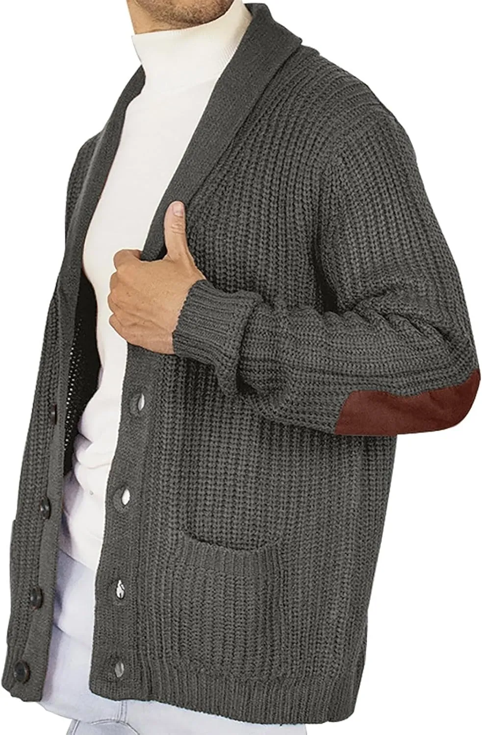 Men's Shawl Collar Cardigan Sweater Elbow Patch Button Down Ribbed Knitted Sweaters Winter Jacket Coats with Pockets