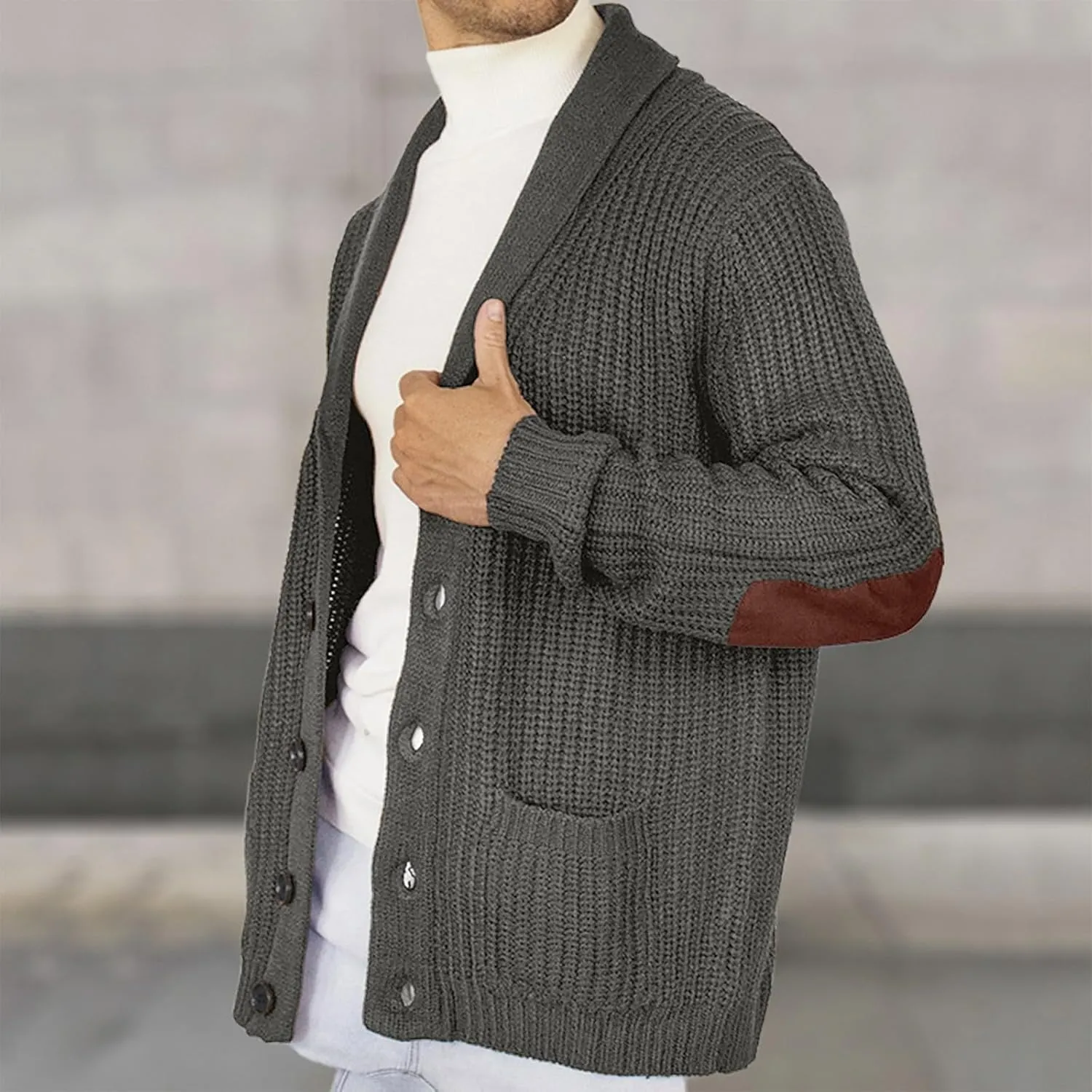Men's Shawl Collar Cardigan Sweater Elbow Patch Button Down Ribbed Knitted Sweaters Winter Jacket Coats with Pockets