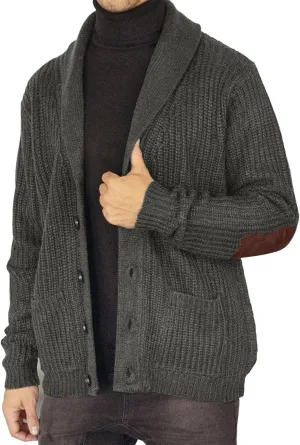 Men's Shawl Collar Cardigan Sweater Elbow Patch Button Down Ribbed Knitted Sweaters Winter Jacket Coats with Pockets