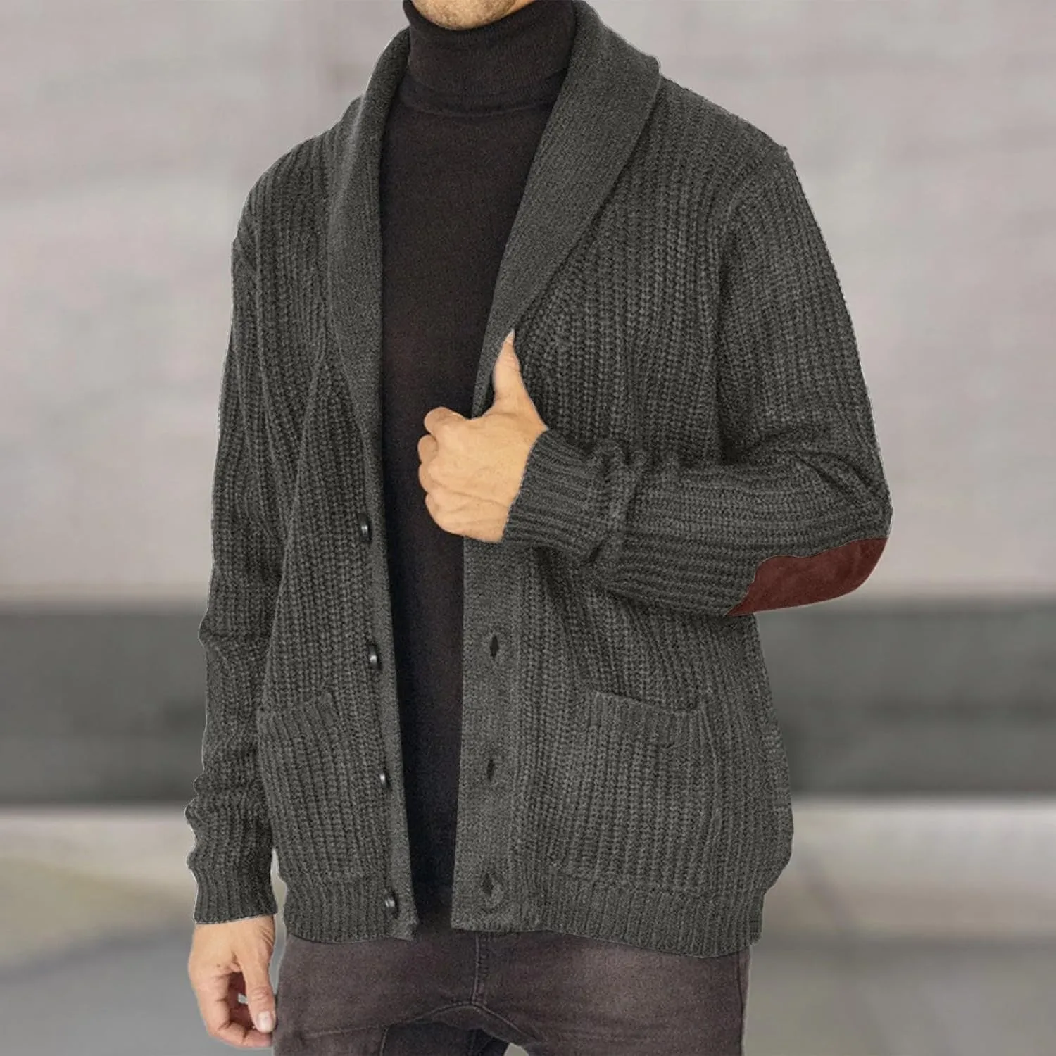 Men's Shawl Collar Cardigan Sweater Elbow Patch Button Down Ribbed Knitted Sweaters Winter Jacket Coats with Pockets