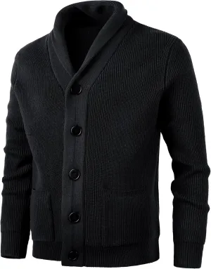 Mens Shawl Collar Cardigan Sweaters Button Down Cardigans with Pockets Cable Knitted Jackets Outwear