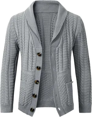 Mens Shawl Collar Cardigan Sweaters Button Down Open Front Knitwear Cable Knitted Ribbed Jackets Outwear Knit Sweater