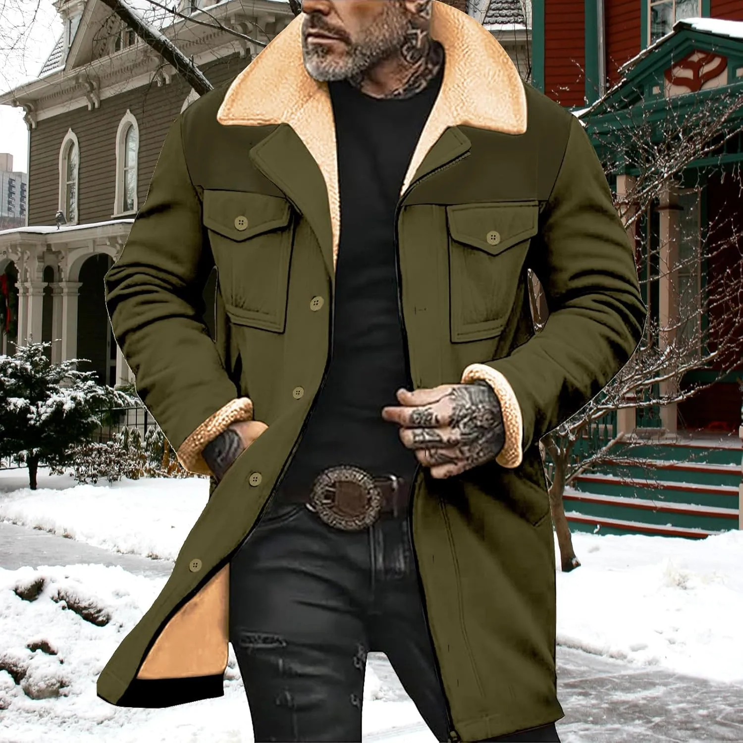 Mens Sherpa Lined Jackets Vintage Faux Suede Jacket Plush Reversed Collar Western Outdoor Coats with Multi Pockets