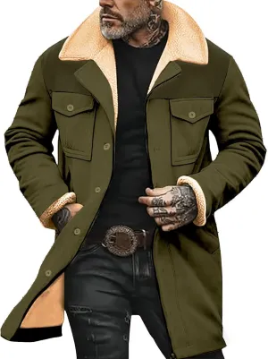 Mens Sherpa Lined Jackets Vintage Faux Suede Jacket Plush Reversed Collar Western Outdoor Coats with Multi Pockets