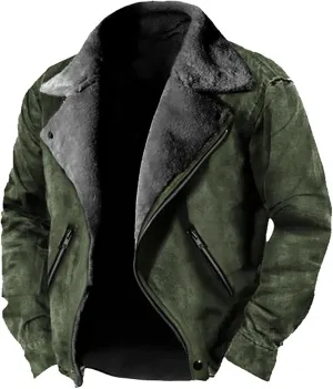 Mens Sherpa Lined Leather Jacket, Vintage Suede with Pocket and Plush Reversed Collar, Warm Washed Trucker Jacket