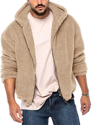 Mens Solid Color Hooded Plush Jacket Thicken Lined with Zipper Fuzzy Sherpa Sweatshirt Long Sleeve Soft Fleece Jackets