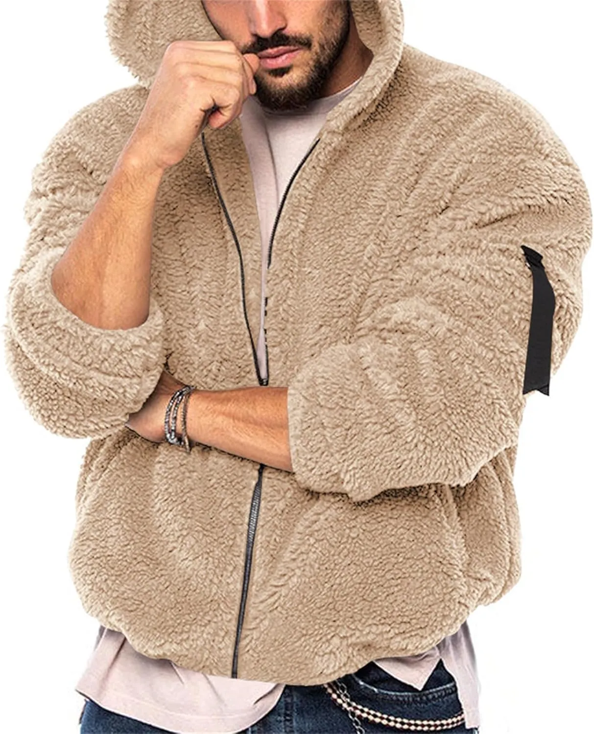 Mens Solid Color Hooded Plush Jacket Thicken Lined with Zipper Fuzzy Sherpa Sweatshirt Long Sleeve Soft Fleece Jackets