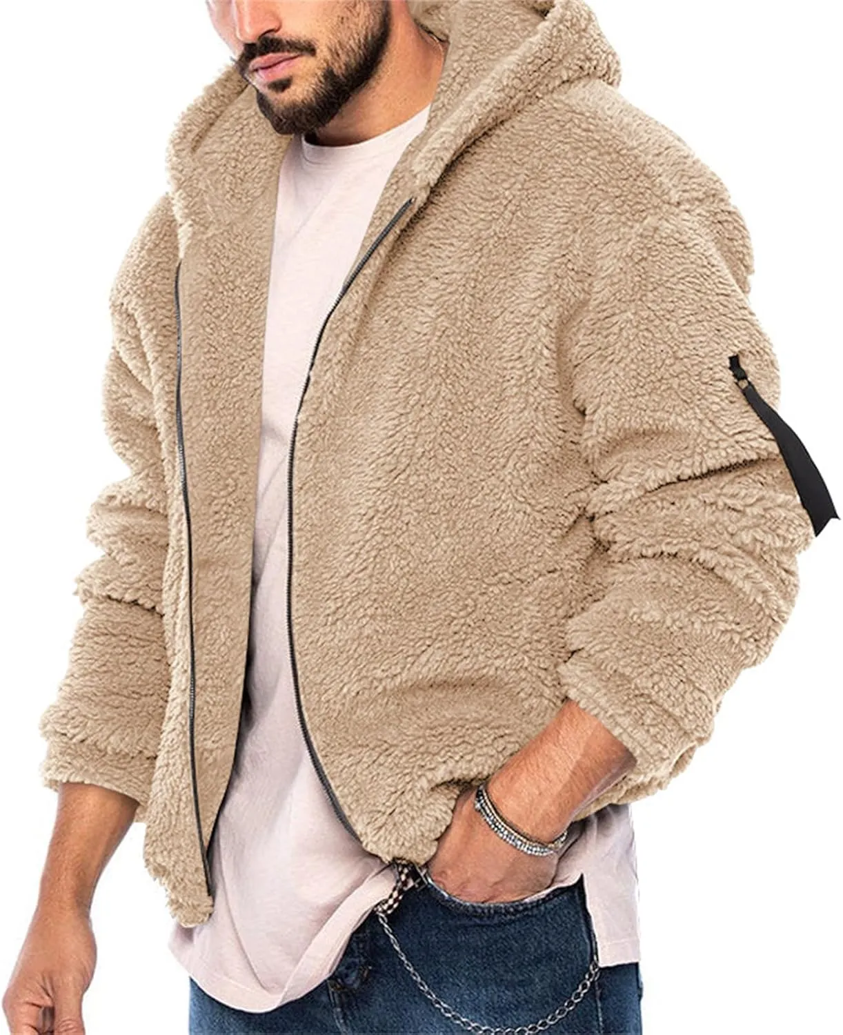 Mens Solid Color Hooded Plush Jacket Thicken Lined with Zipper Fuzzy Sherpa Sweatshirt Long Sleeve Soft Fleece Jackets