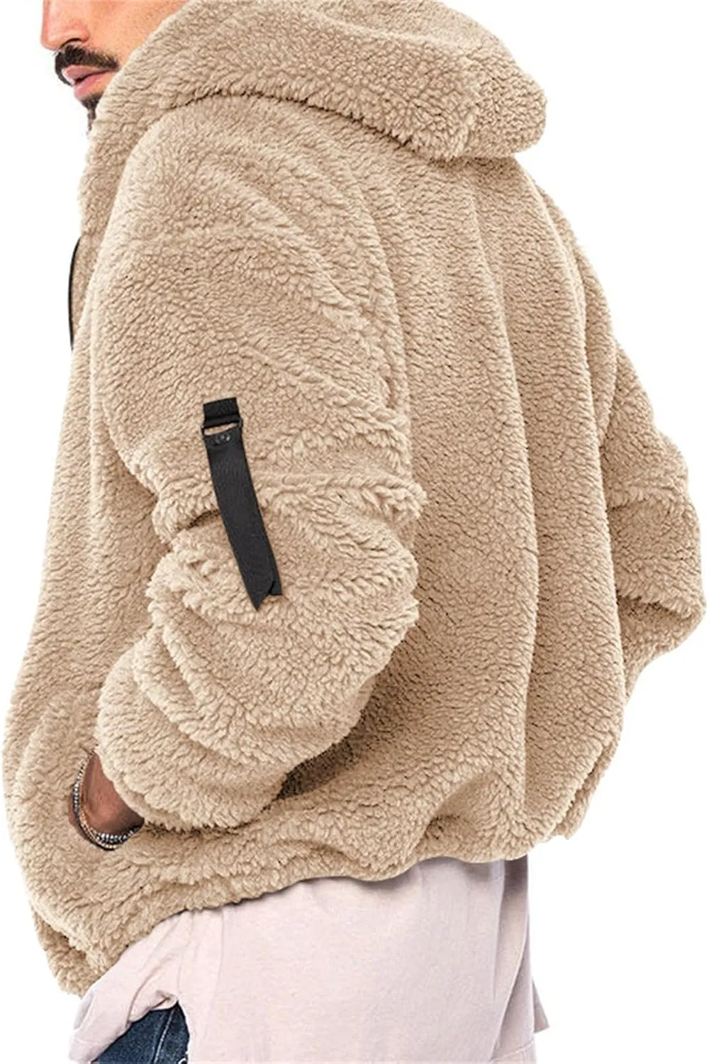 Mens Solid Color Hooded Plush Jacket Thicken Lined with Zipper Fuzzy Sherpa Sweatshirt Long Sleeve Soft Fleece Jackets