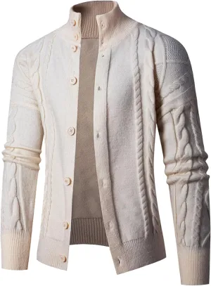 Mens Stand Collar Button Down Cardigan Open Front Ribbed Big Tall Sweaters Cable Knit Silm Fit Cardigans Sweater