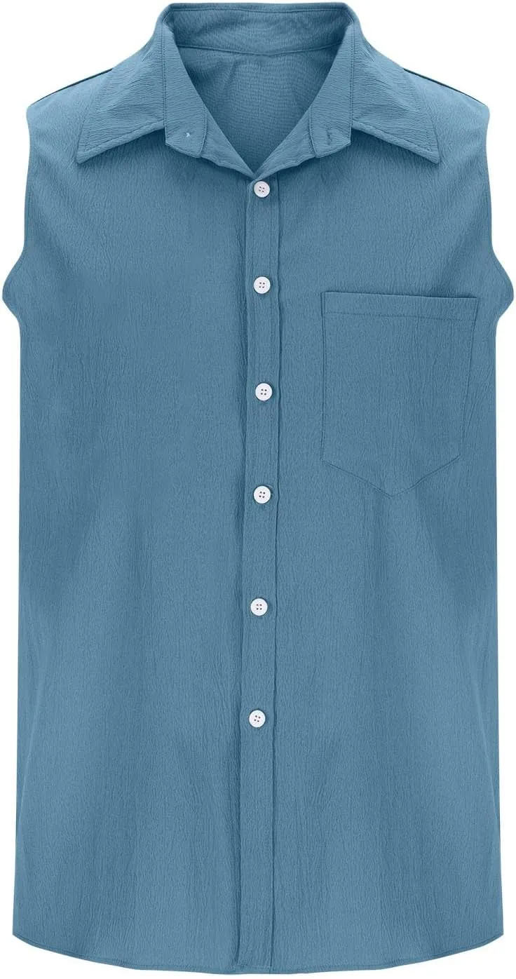 Mens Summer Dress Shirts Lightweight Untucked Sleeveless Tropical Vest Holiday Regular Fit 80s Prom Casual Outfits