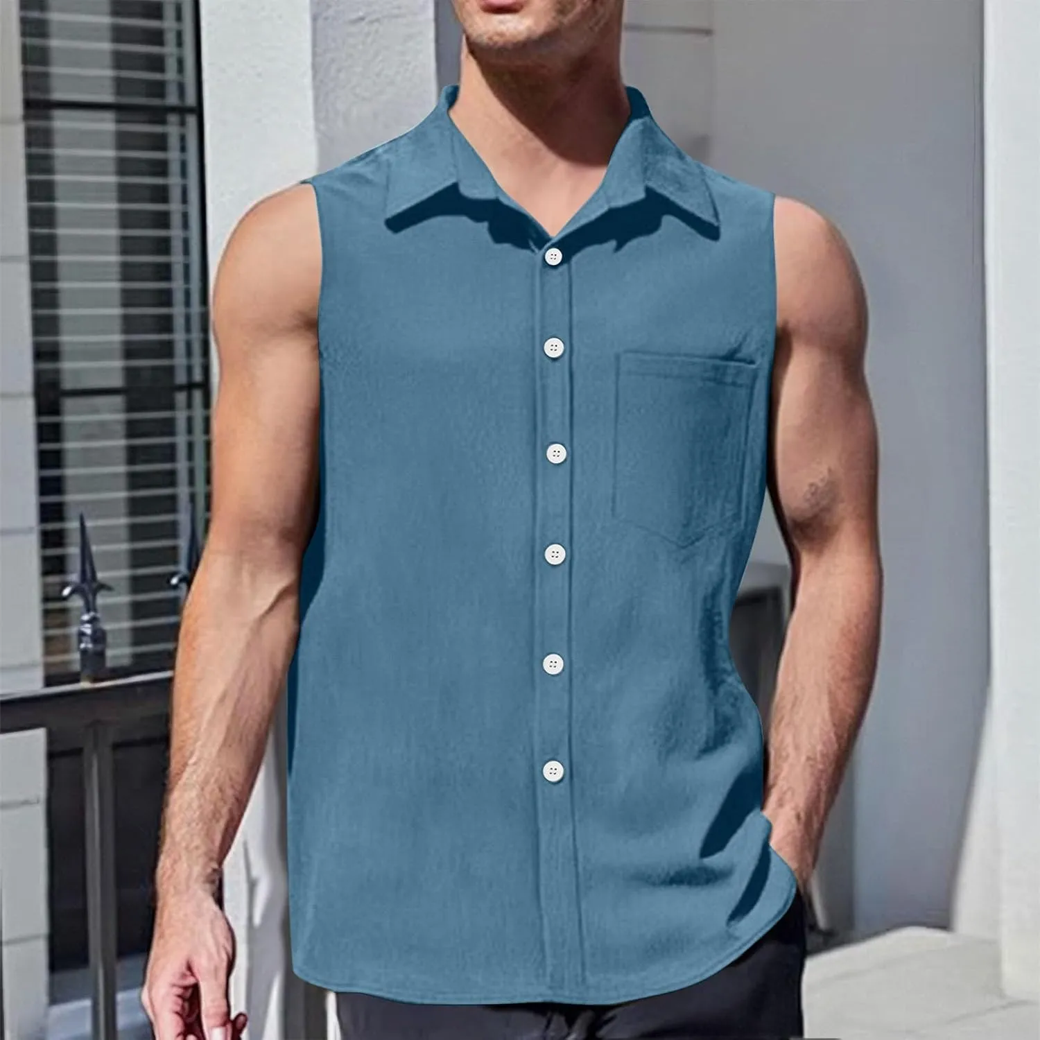 Mens Summer Dress Shirts Lightweight Untucked Sleeveless Tropical Vest Holiday Regular Fit 80s Prom Casual Outfits