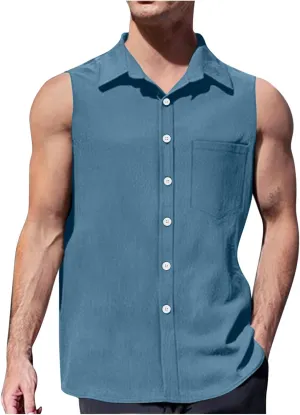 Mens Summer Dress Shirts Lightweight Untucked Sleeveless Tropical Vest Holiday Regular Fit 80s Prom Casual Outfits