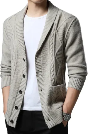 Men's Sweater Fall/Winter Shawl Collar Knit Cardigans Button Down Open Front Knitwear Jackets with Pockets