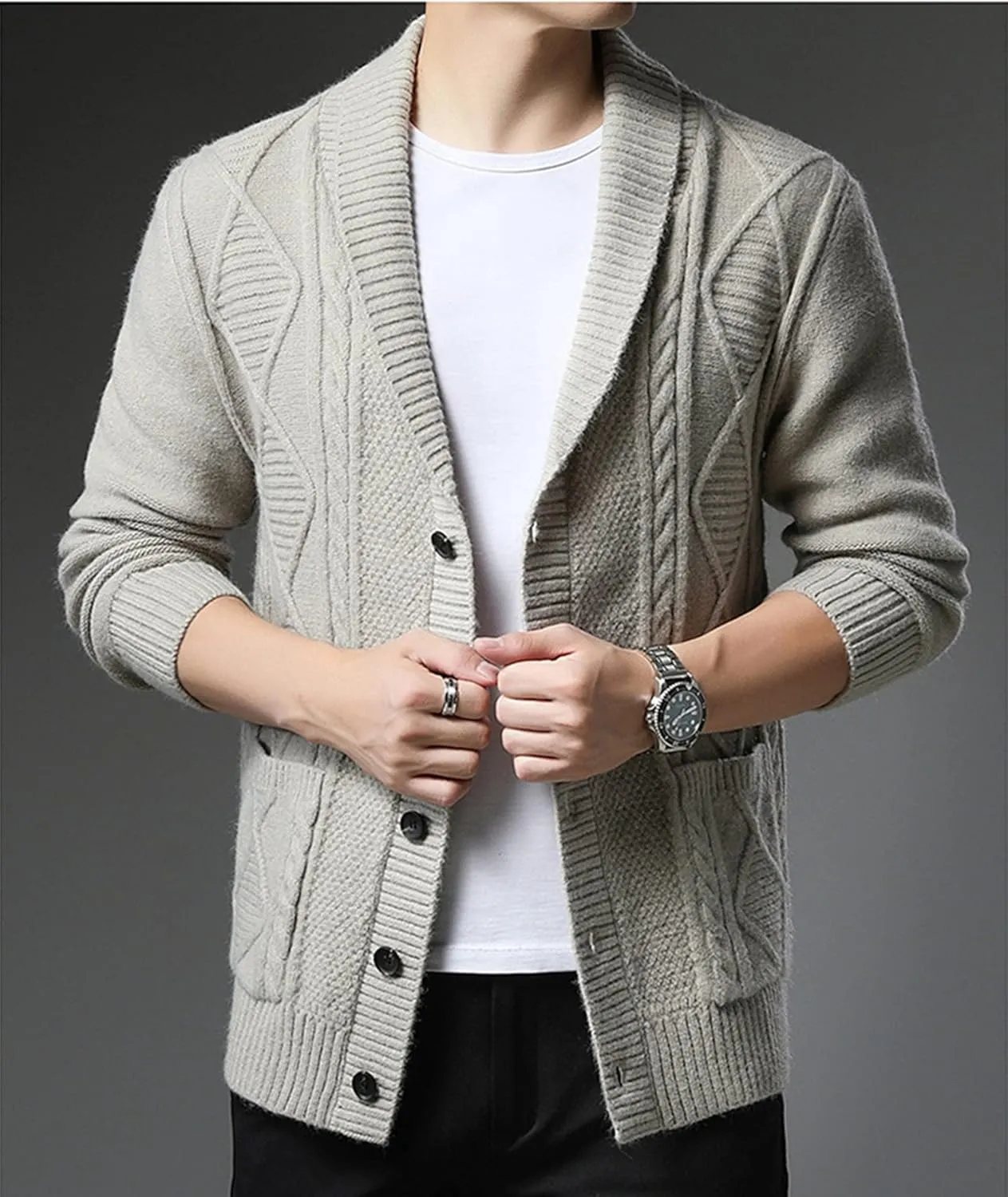Men's Sweater Fall/Winter Shawl Collar Knit Cardigans Button Down Open Front Knitwear Jackets with Pockets