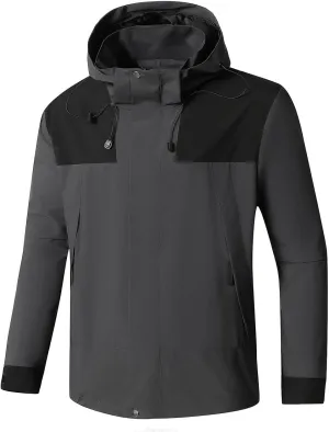 Mens Waterproof Rain Jacket with Removable Hood Fashion Color Block Rain Coat Outdoor Windbreaker with Pockets