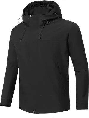 Mens Waterproof Rain Jacket with Removable Hood Fashion Color Block Rain Coat Outdoor Windbreaker with Pockets