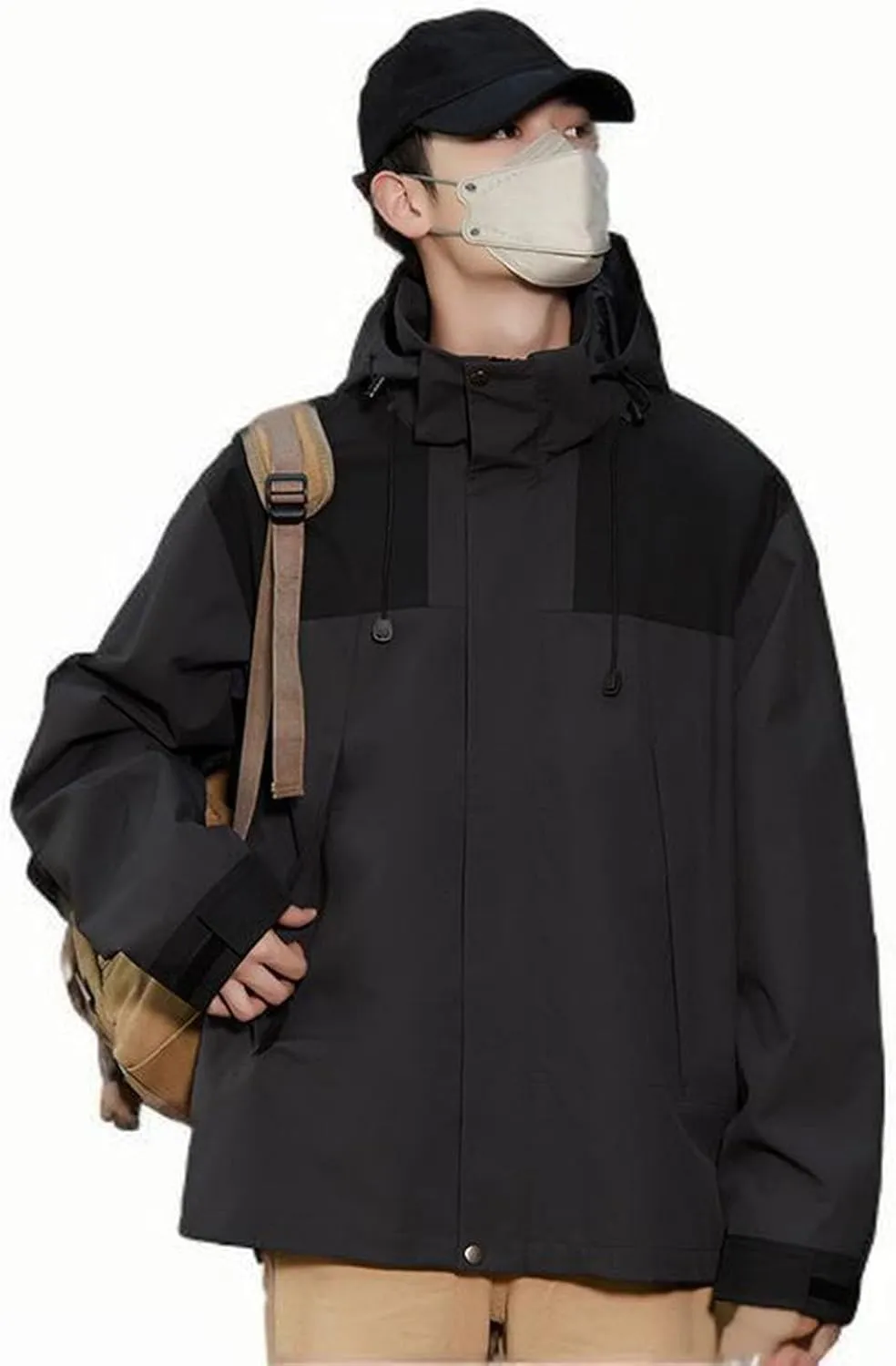 Mens Waterproof Rain Jacket with Removable Hood Fashion Color Block Rain Coat Outdoor Windbreaker with Pockets