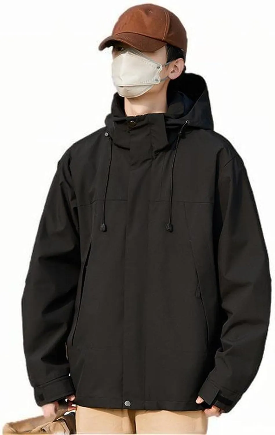 Mens Waterproof Rain Jacket with Removable Hood Fashion Color Block Rain Coat Outdoor Windbreaker with Pockets