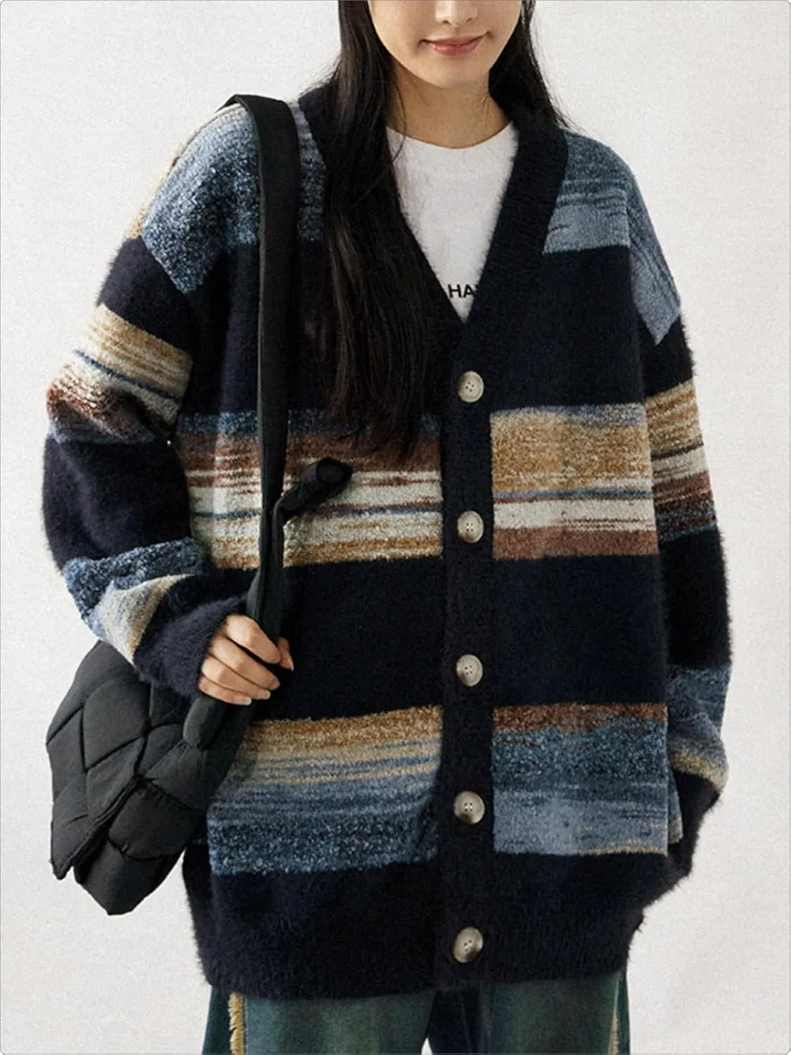 Men's Women's Teen Oversized Striped Cardigan Sweater Long Sleeve Button Down Vintage Knit Cardigans