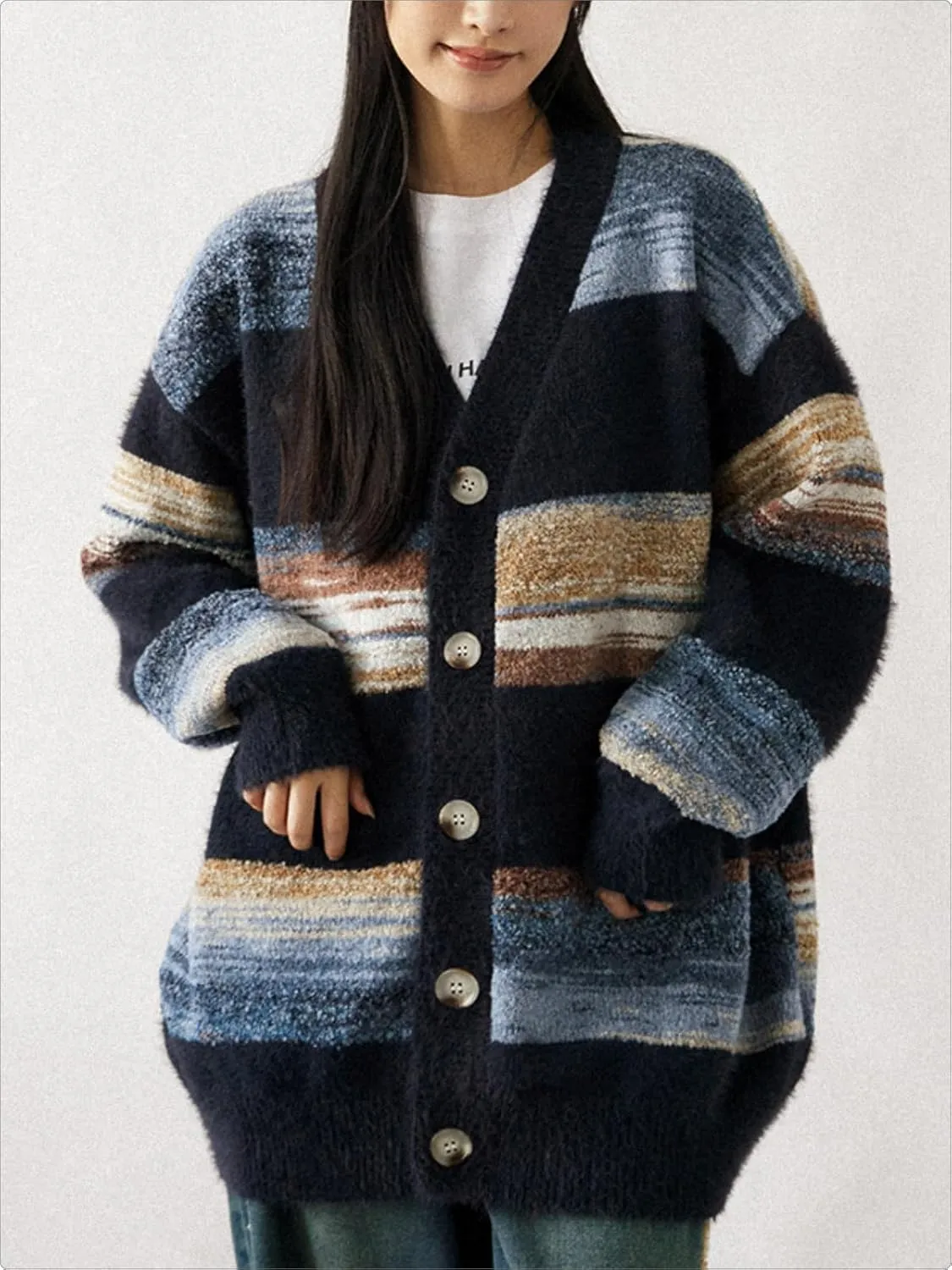Men's Women's Teen Oversized Striped Cardigan Sweater Long Sleeve Button Down Vintage Knit Cardigans