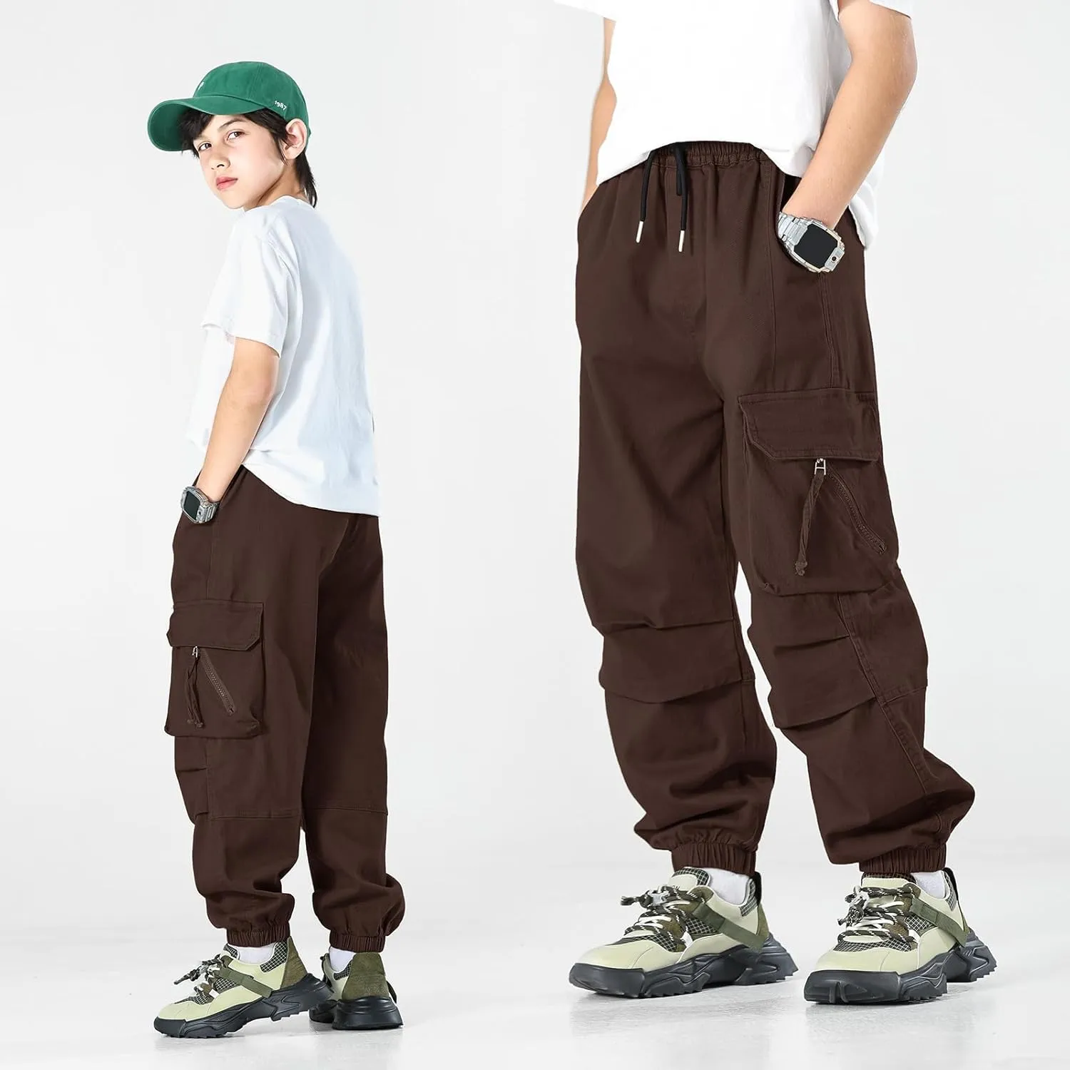 MINI PANDA Boys' Jogger Pants, Kids' Stretch Twill Casual Cargo Pants