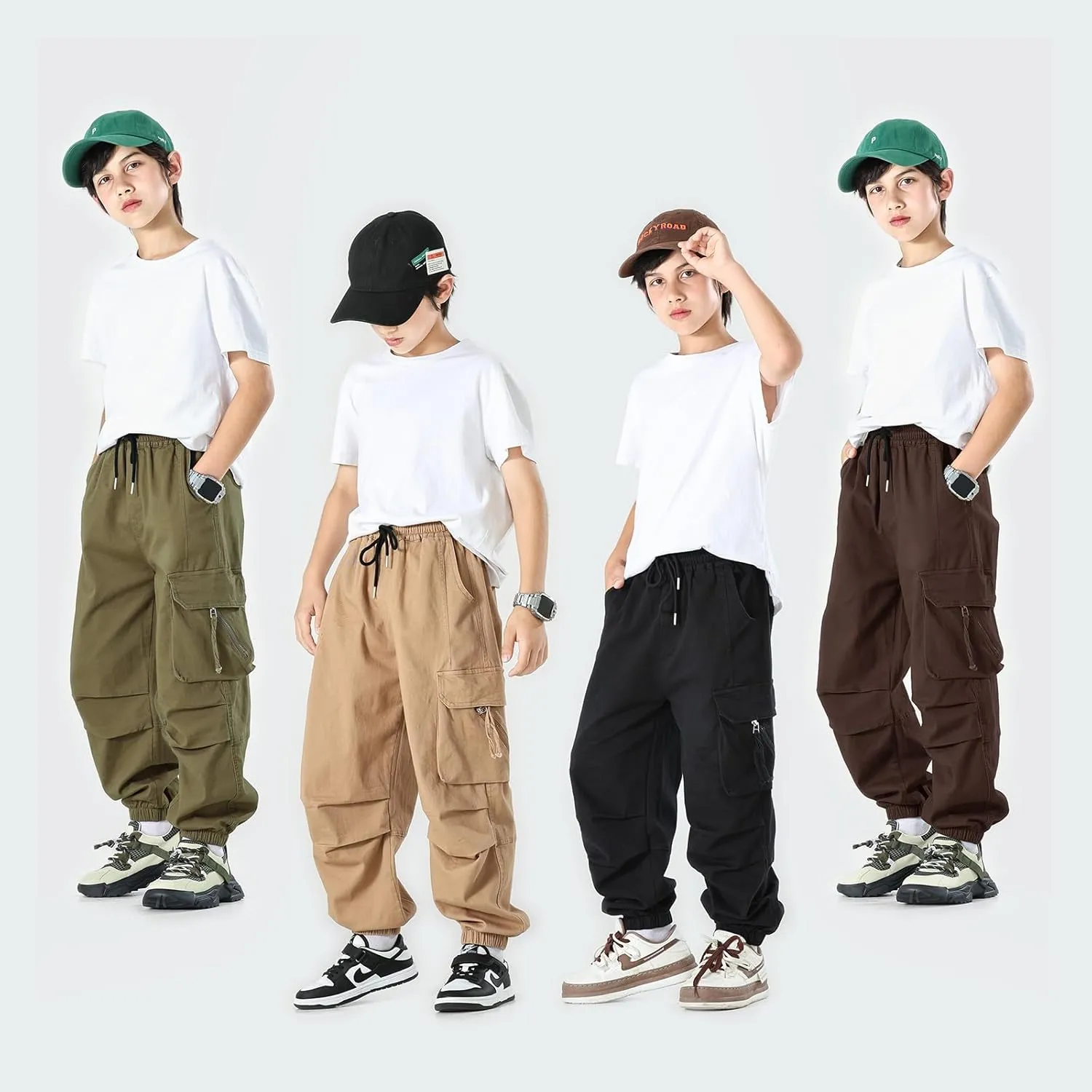 MINI PANDA Boys' Jogger Pants, Kids' Stretch Twill Casual Cargo Pants