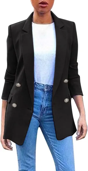 Miyaomn Womens Solid Color Casual Office Blazer Suit Jacket Slim Fit Double Breasted Notched Shawl Collar Sports Coat Outwear