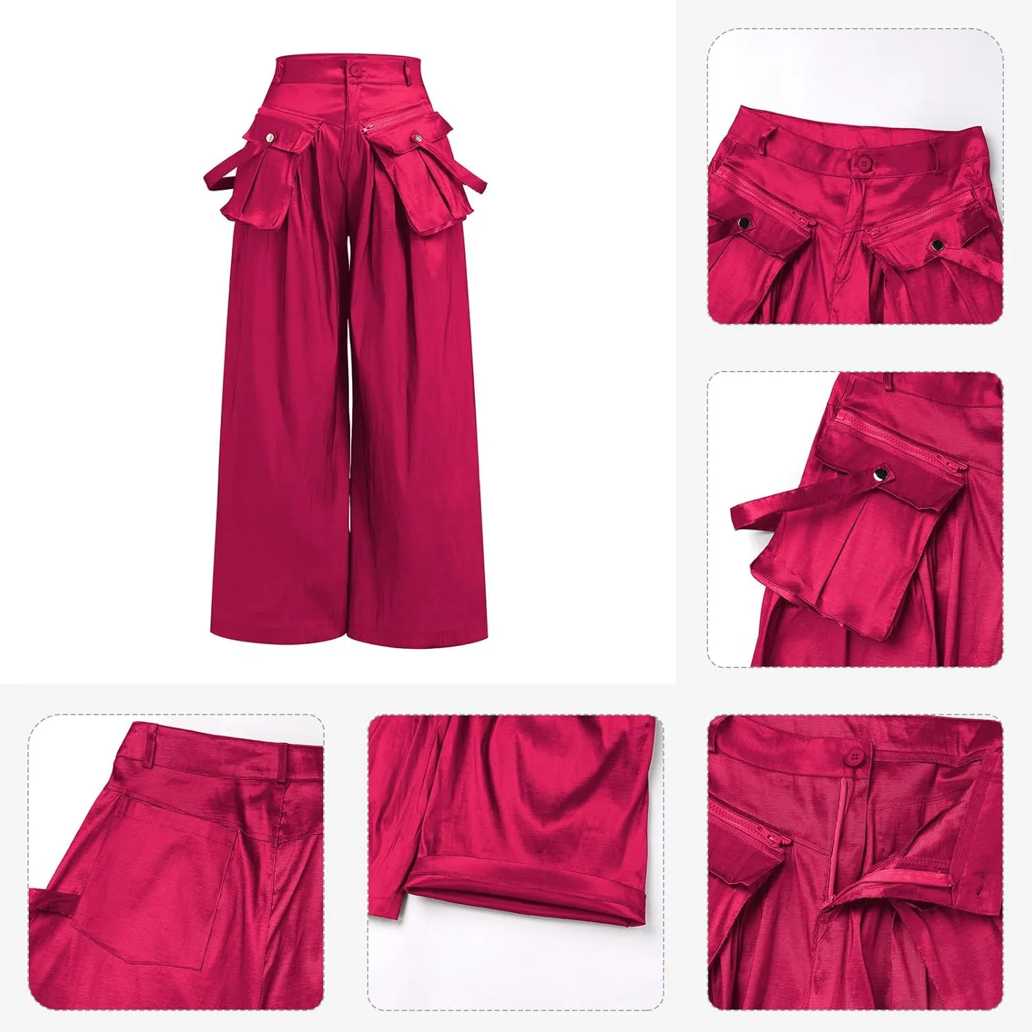 ODIZLI Women's High Rise Wide Leg Satin Cargo Pants Flowy Trousers with Pockets Palazzo Pants Y2K Hip Hop Pants