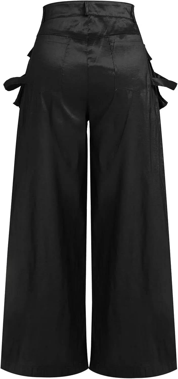 ODIZLI Women's High Rise Wide Leg Satin Cargo Pants Flowy Trousers with Pockets Palazzo Pants Y2K Hip Hop Pants