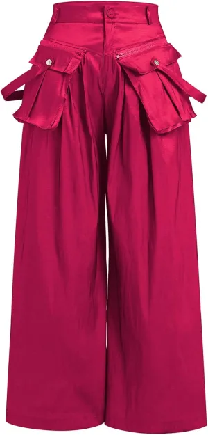 ODIZLI Women's High Rise Wide Leg Satin Cargo Pants Flowy Trousers with Pockets Palazzo Pants Y2K Hip Hop Pants