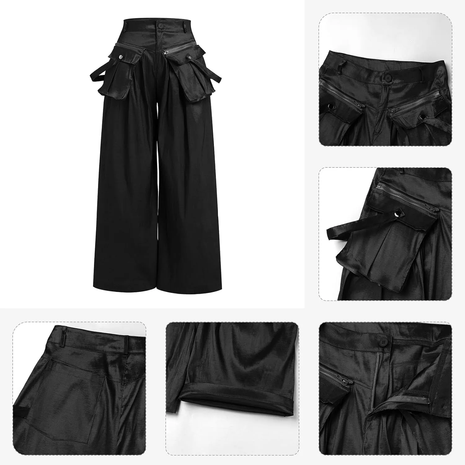 ODIZLI Women's High Rise Wide Leg Satin Cargo Pants Flowy Trousers with Pockets Palazzo Pants Y2K Hip Hop Pants