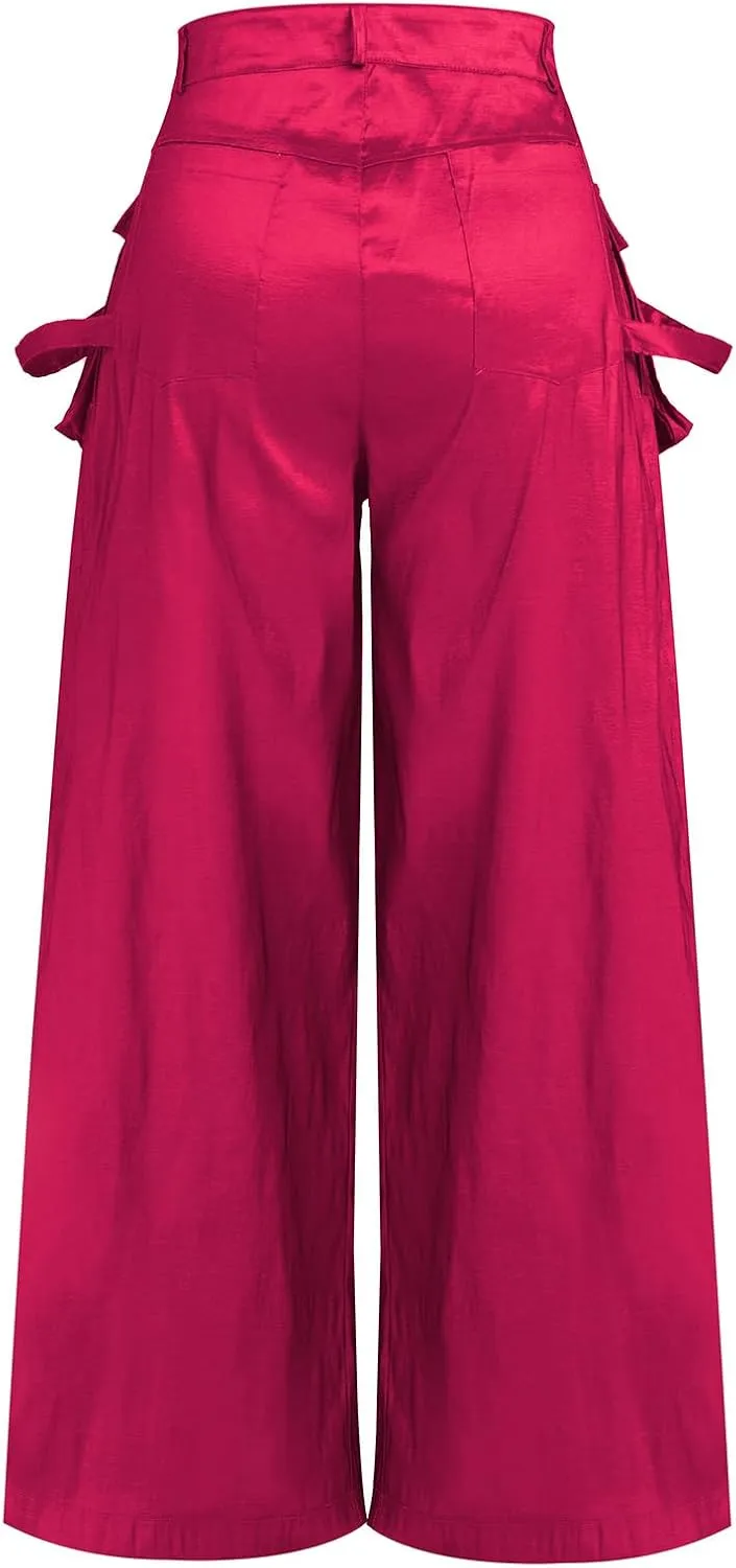 ODIZLI Women's High Rise Wide Leg Satin Cargo Pants Flowy Trousers with Pockets Palazzo Pants Y2K Hip Hop Pants