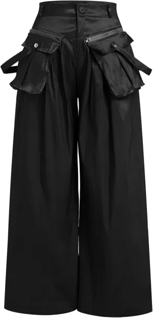 ODIZLI Women's High Rise Wide Leg Satin Cargo Pants Flowy Trousers with Pockets Palazzo Pants Y2K Hip Hop Pants