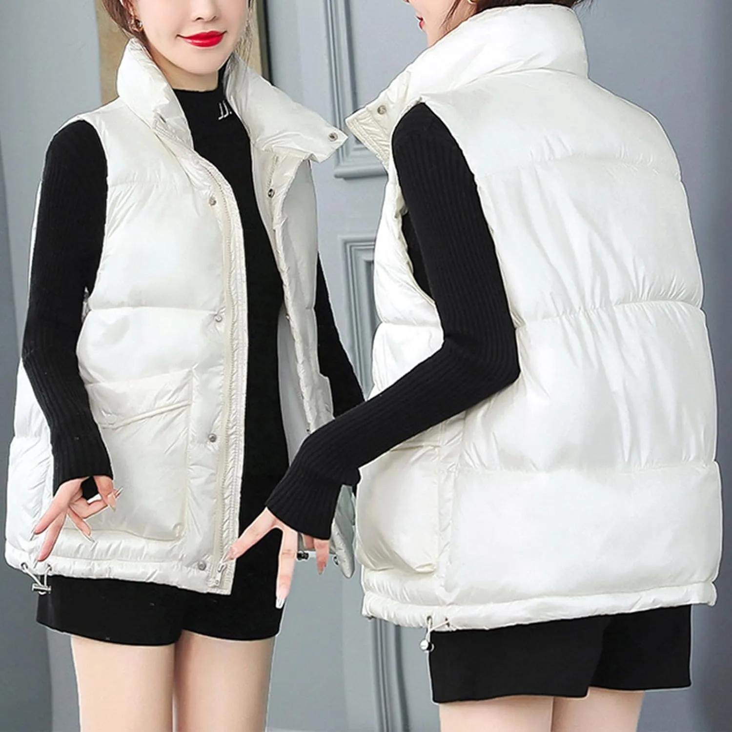 Oplxuo Women's Metallic Down Jacket Shiny Puffer Vest, Sleeveless Stand Collar Zip Up Coat Winter Warm Padded Gilet Jackets