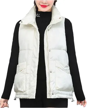 Oplxuo Women's Metallic Down Jacket Shiny Puffer Vest, Sleeveless Stand Collar Zip Up Coat Winter Warm Padded Gilet Jackets