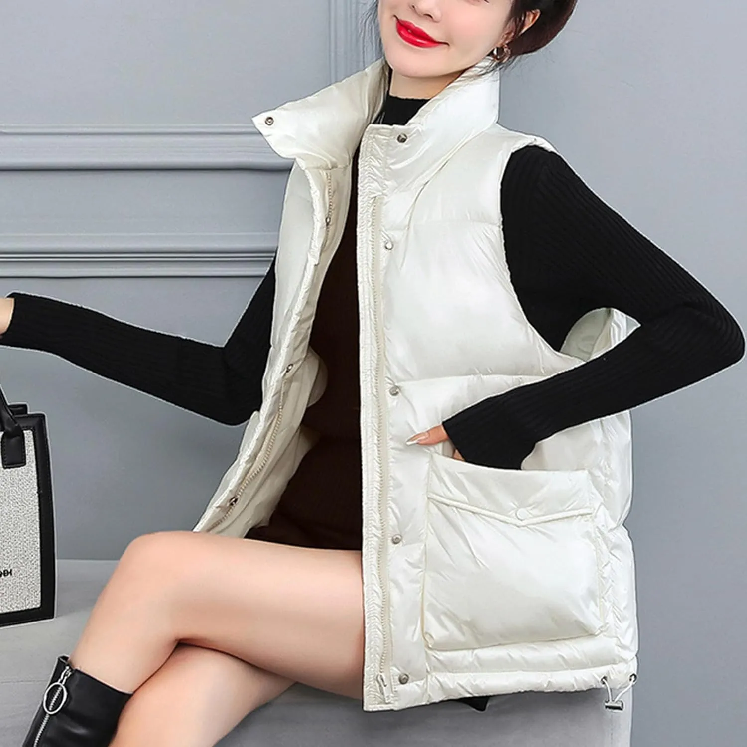 Oplxuo Women's Metallic Down Jacket Shiny Puffer Vest, Sleeveless Stand Collar Zip Up Coat Winter Warm Padded Gilet Jackets